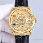 Grade A Swiss 9001 Rolex Sky-Dweller Gold Arabic 42 mm Men Watches Leather Strap